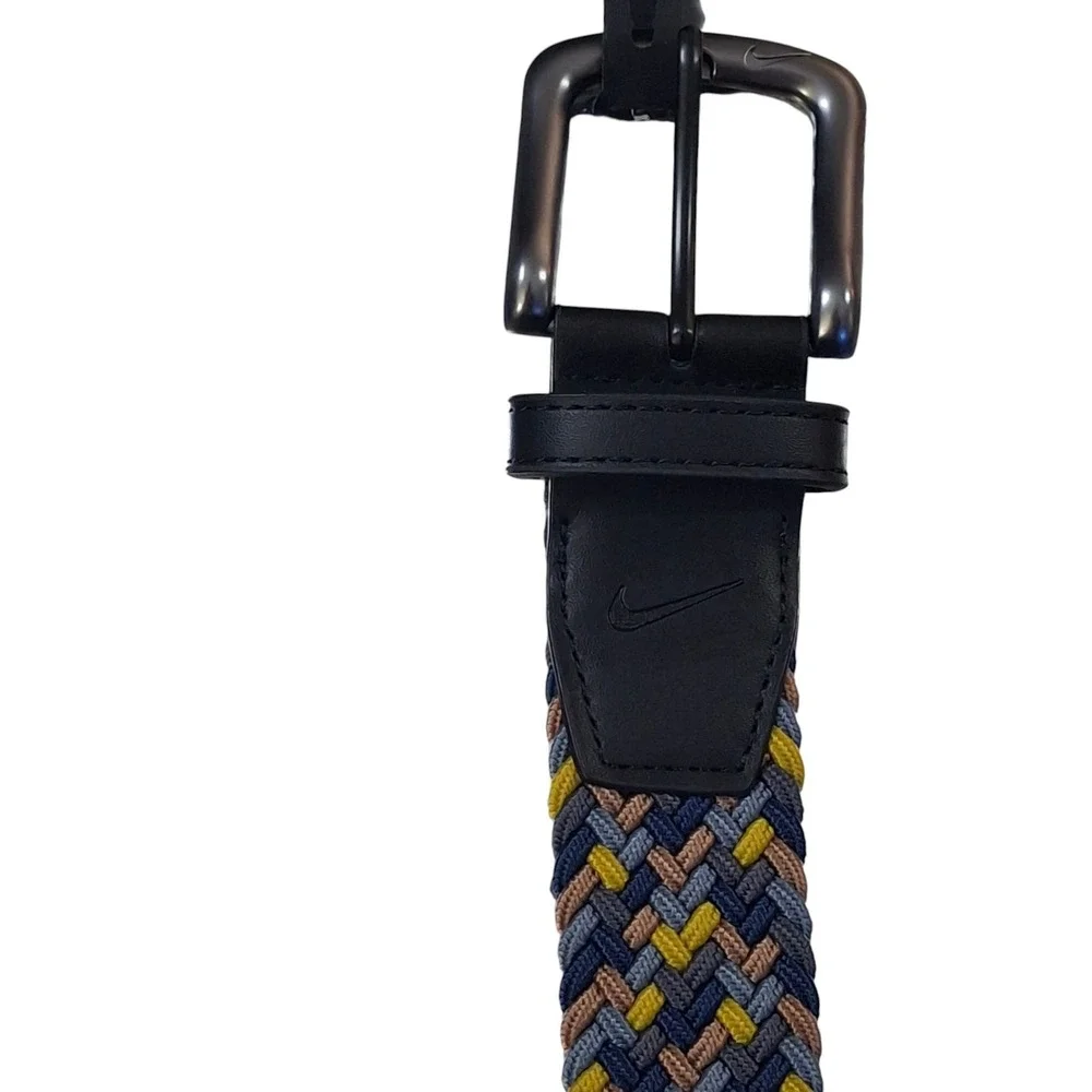 Nike Mens Braided Stretch Belt Blue Yellow Tan Woven Golf Belt Small 30-32 NEW